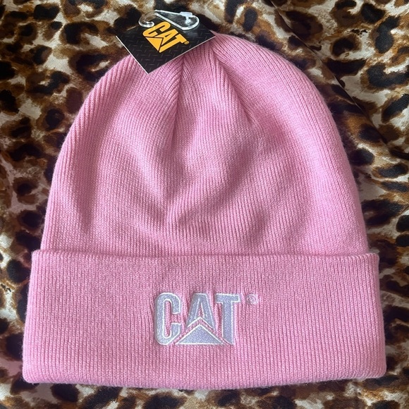 Brand New Caterpillar CAT Pink Knit Cuffed Beanie Hat White Embroidered Logo - Picture 11 of 11